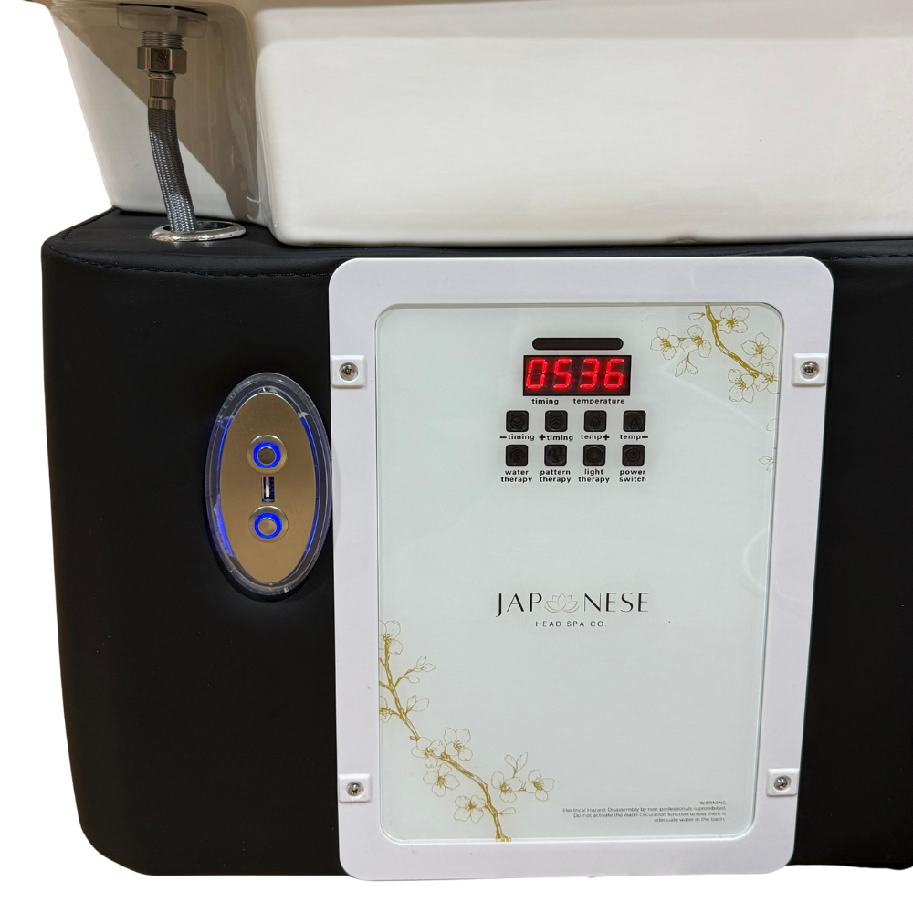 Japanese Head Spa черно цяло легло с Foot Spa и водопроводна връзка - с електрическа облегалка (вкл. парогенератор, капак и 2 x водни нагревателя)