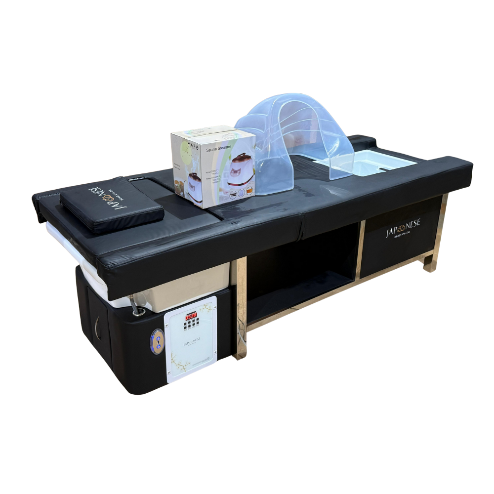 Japanese Head Spa черно цяло легло с Foot Spa и водопроводна връзка - с електрическа облегалка (вкл. парогенератор, капак и 2 x водни нагревателя)