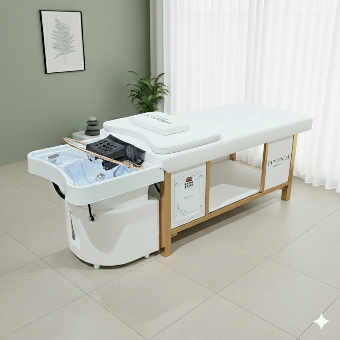 Japanese Head Spa бяло цяло хибридно легло със златна рамка - С ВОДОПРОВОДНА ВРЪЗКА (вкл. парогенератор, капак и воден нагревател)
