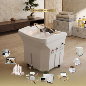 БИЗНЕС В КУТИЯ: Бял Japanese Head Spa модул с 60L резервоар без водопроводна връзка – пакет