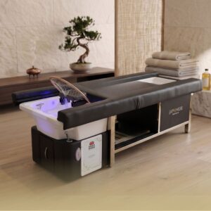 Japanese Head Spa черно цяло легло с Foot Spa и водопроводна връзка - с електрическа облегалка (вкл. парогенератор, капак и 2 x водни нагревателя)