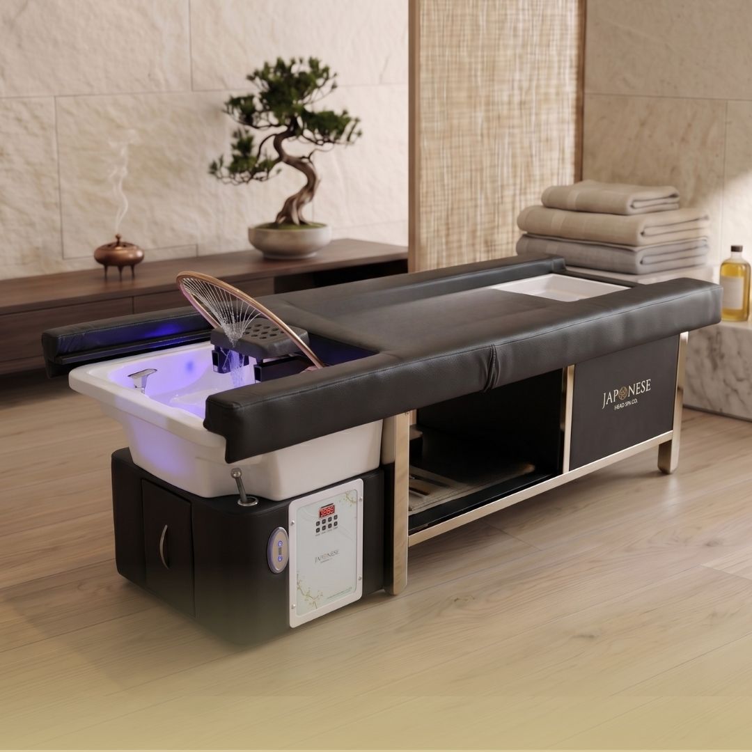 Japanese Head Spa черно цяло легло с Foot Spa и водопроводна връзка - с електрическа облегалка (вкл. парогенератор, капак и 2 x водни нагревателя)