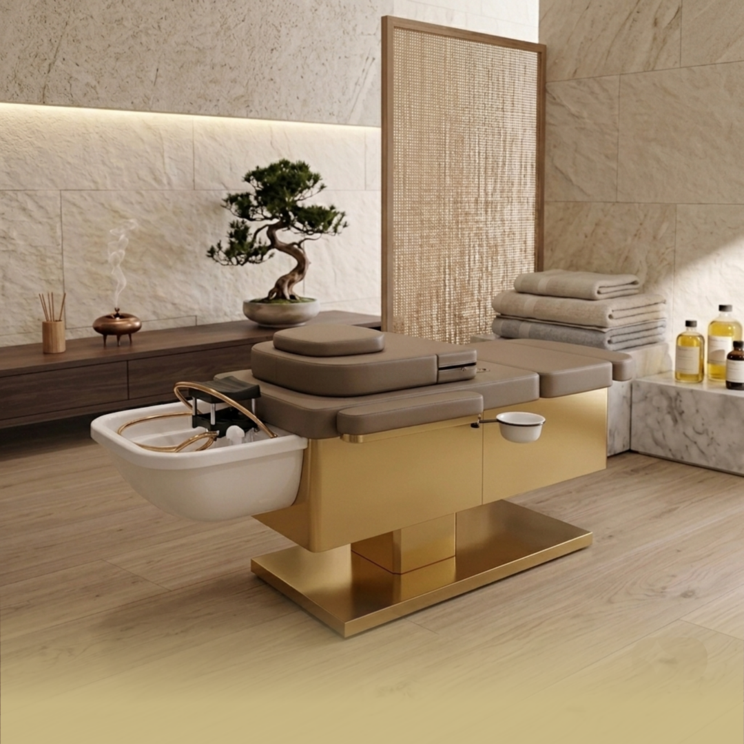 ВЪВЕЖДАЩА ОФЕРТА - Бежово Japanese Head Spa цяло легло с Foot Spa - **РЕГУЛИРУЕМА ВИСОЧИНА** с електрическа облегалка за гръб и крака (с водопроводна връзка) (вкл. парогенератор, капак и 2 x водни нагревателя)