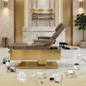 БИЗНЕС В КУТИЯ: Бежово Japanese Head Spa цяло легло с вграден Foot Spa **РЕГУЛИРУЕМА ВИСОЧИНА** с електрическа облегалка – С ВОДОПРОВОДНА ВРЪЗКА